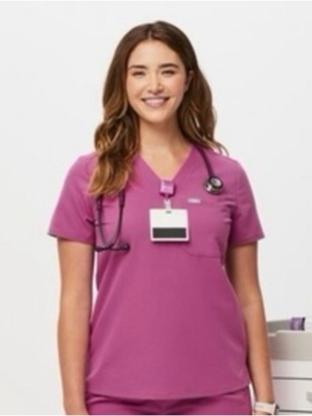 Figs Catarina Bright Fuschia One Pocket V-Neck Scrub Top Small